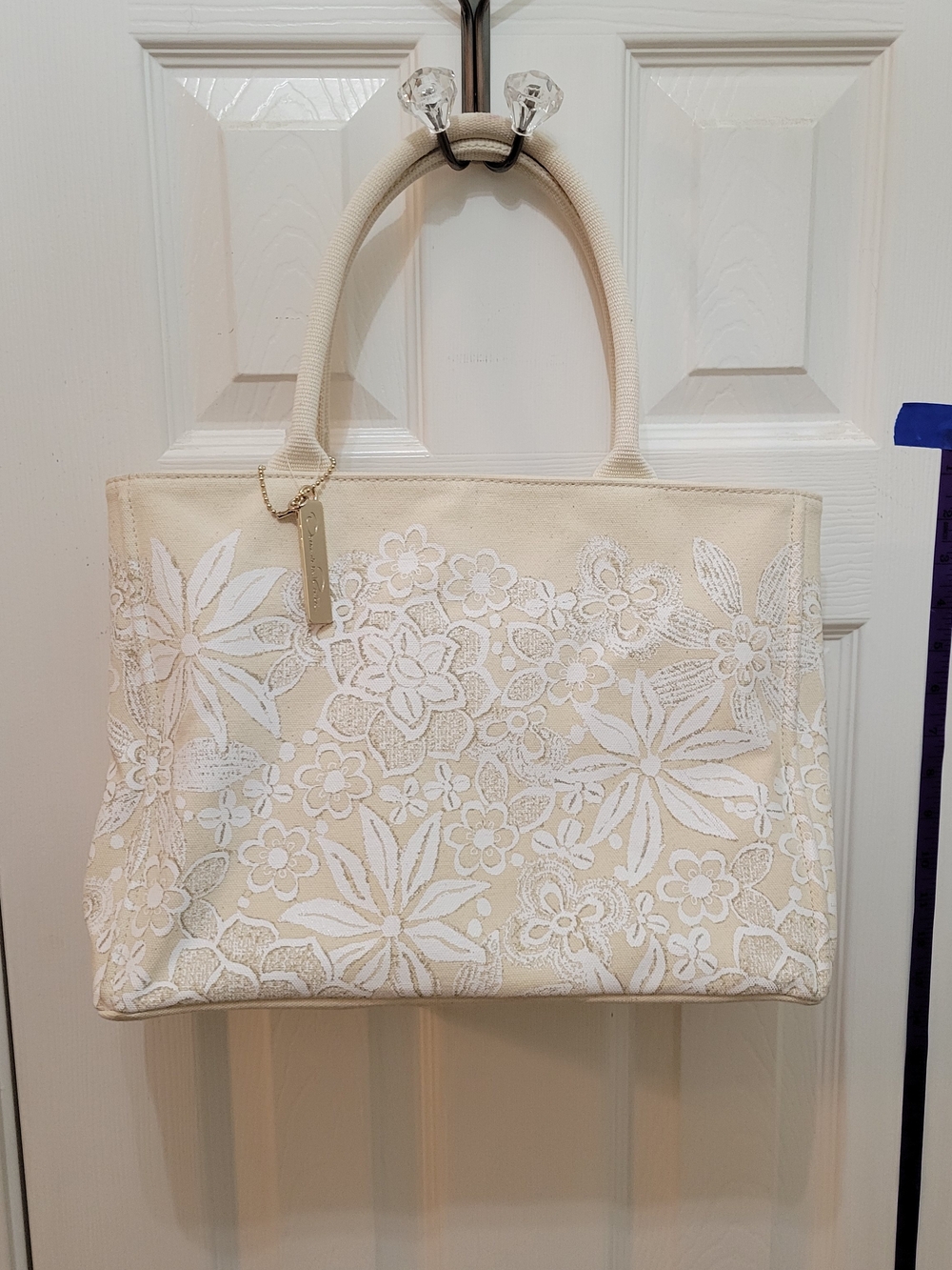 Oscar de la Renta Cream Tote with White Floral Appliqué